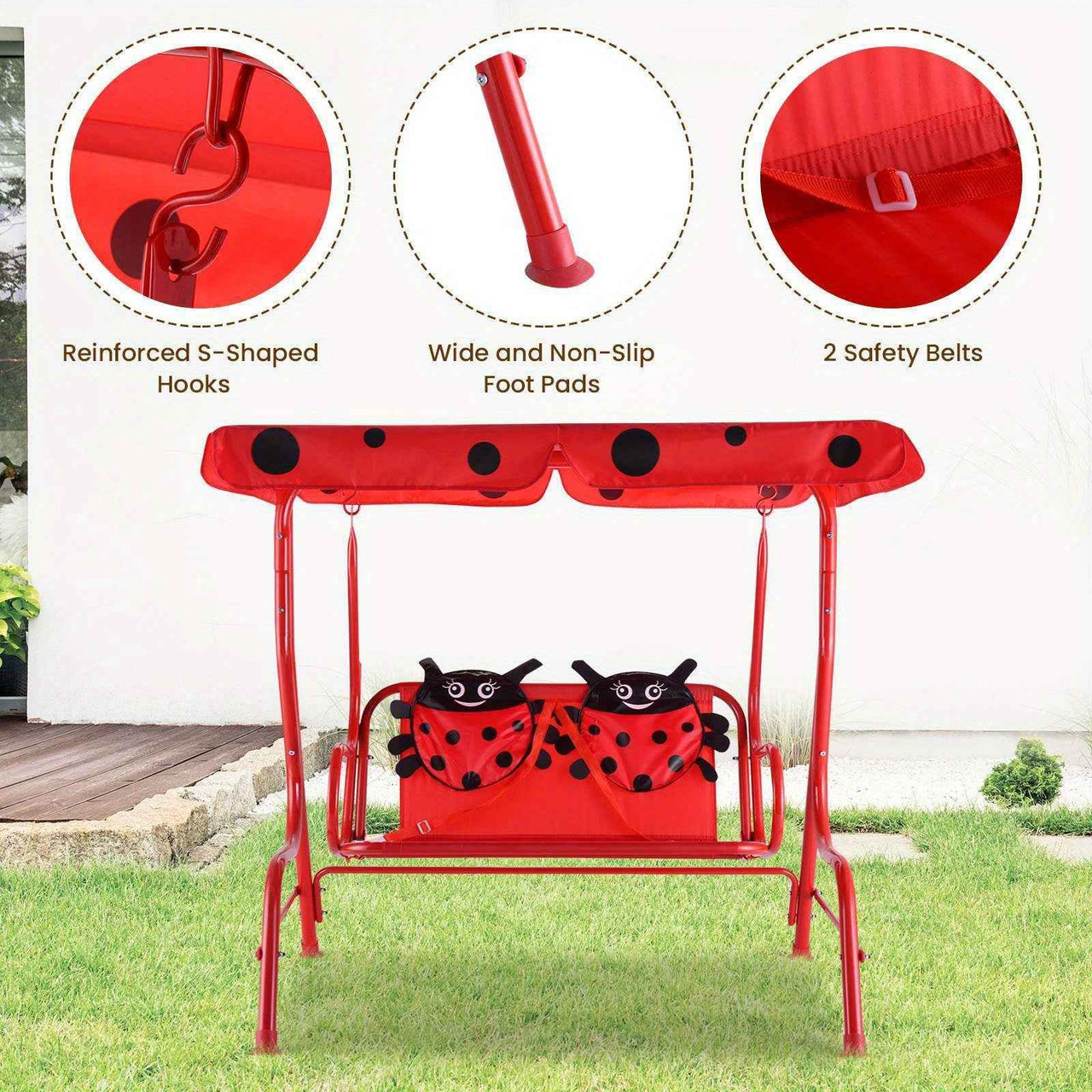 2-Seater Indoor / Outdoor Kids Porch Swing Chair Swing Bench w/ Metal Stand & Adjustable Tilt Canopy Beetle Pattern