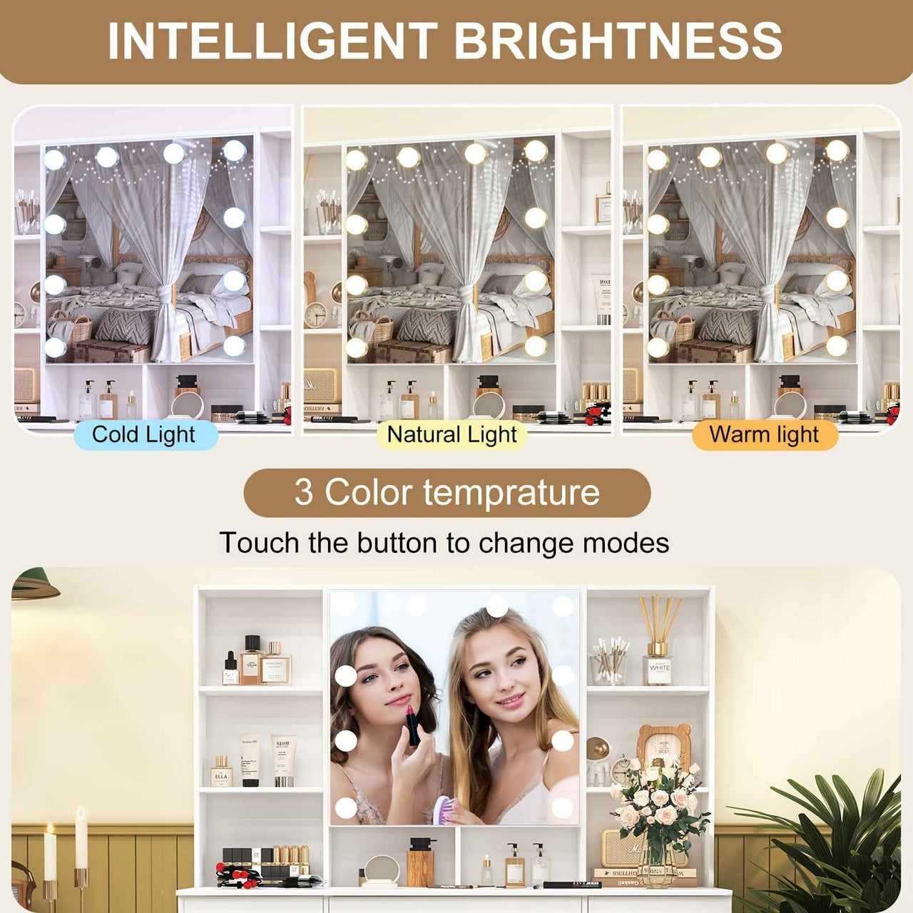 Modern White Solid Wood Dresser with Drawers, Illuminated Vanity Mirror And 3 Adjustable Lighting Modes