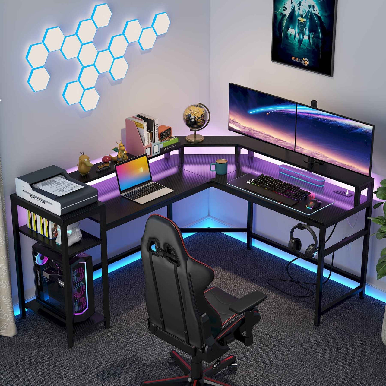 Gaming Desk with Storage Shelves, Modern L-Shaped Computer Desk, Corner Desk with Monitor Stand, Black