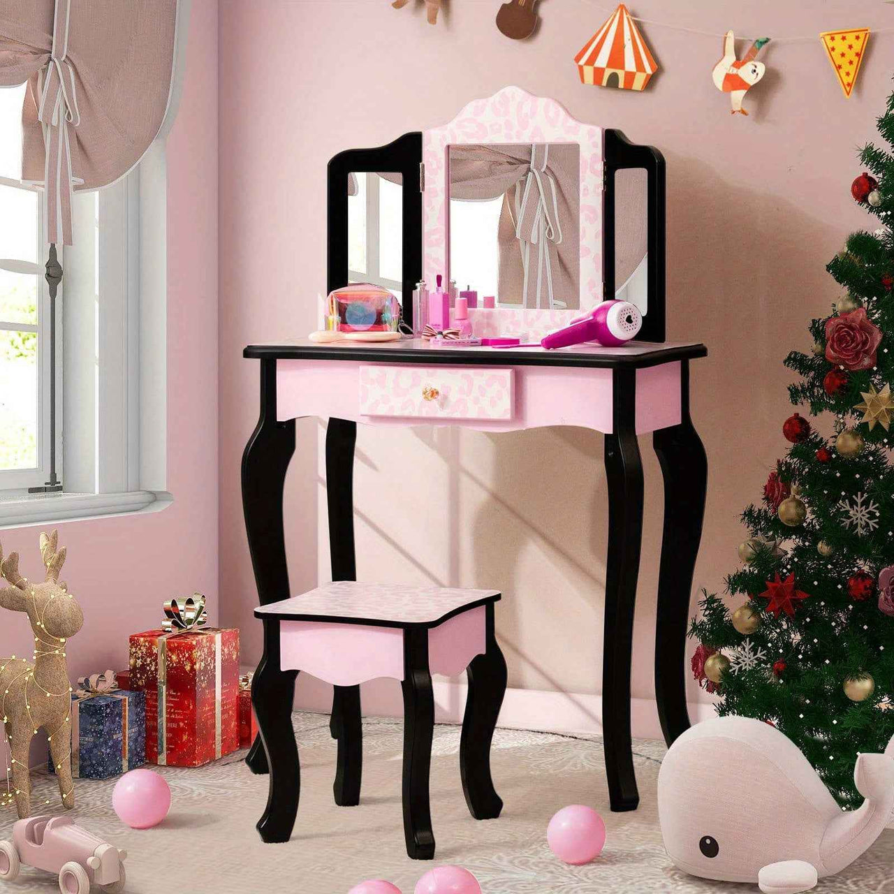 Pink Kids Vanity Makeup Set Pink Bedroom Dresser with Stool Set and Tri-Folding Mirror