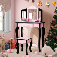 Thumbnail for Pink Kids Vanity Makeup Set Pink Bedroom Dresser with Stool Set and Tri-Folding Mirror