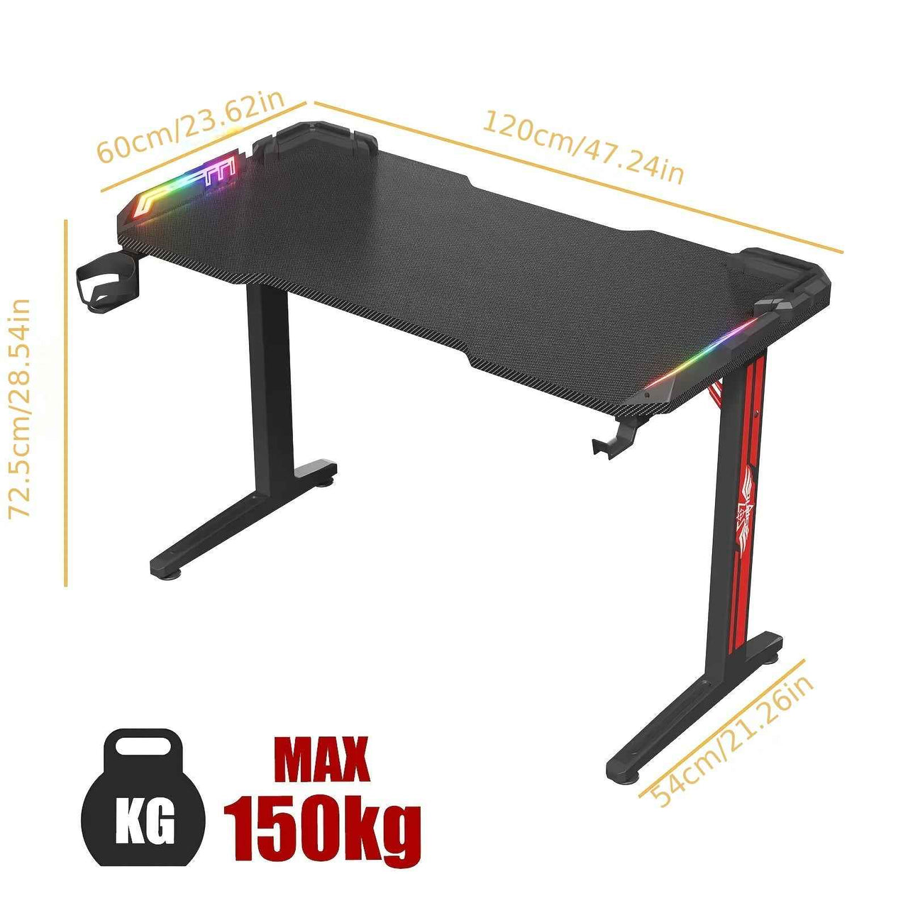Gaming Office Desk RGB LED Gamer Workstation Carbon Fiber Racer Table with Cup Holder and Headphone Hook 120cm