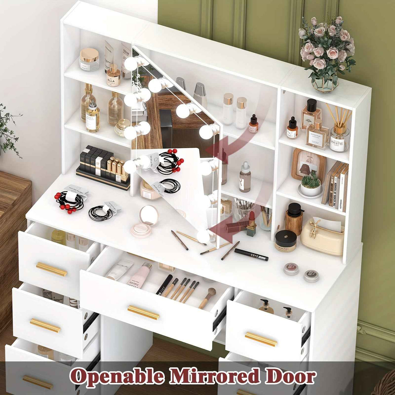 Modern White Solid Wood Dresser with Drawers, Illuminated Vanity Mirror And 3 Adjustable Lighting Modes