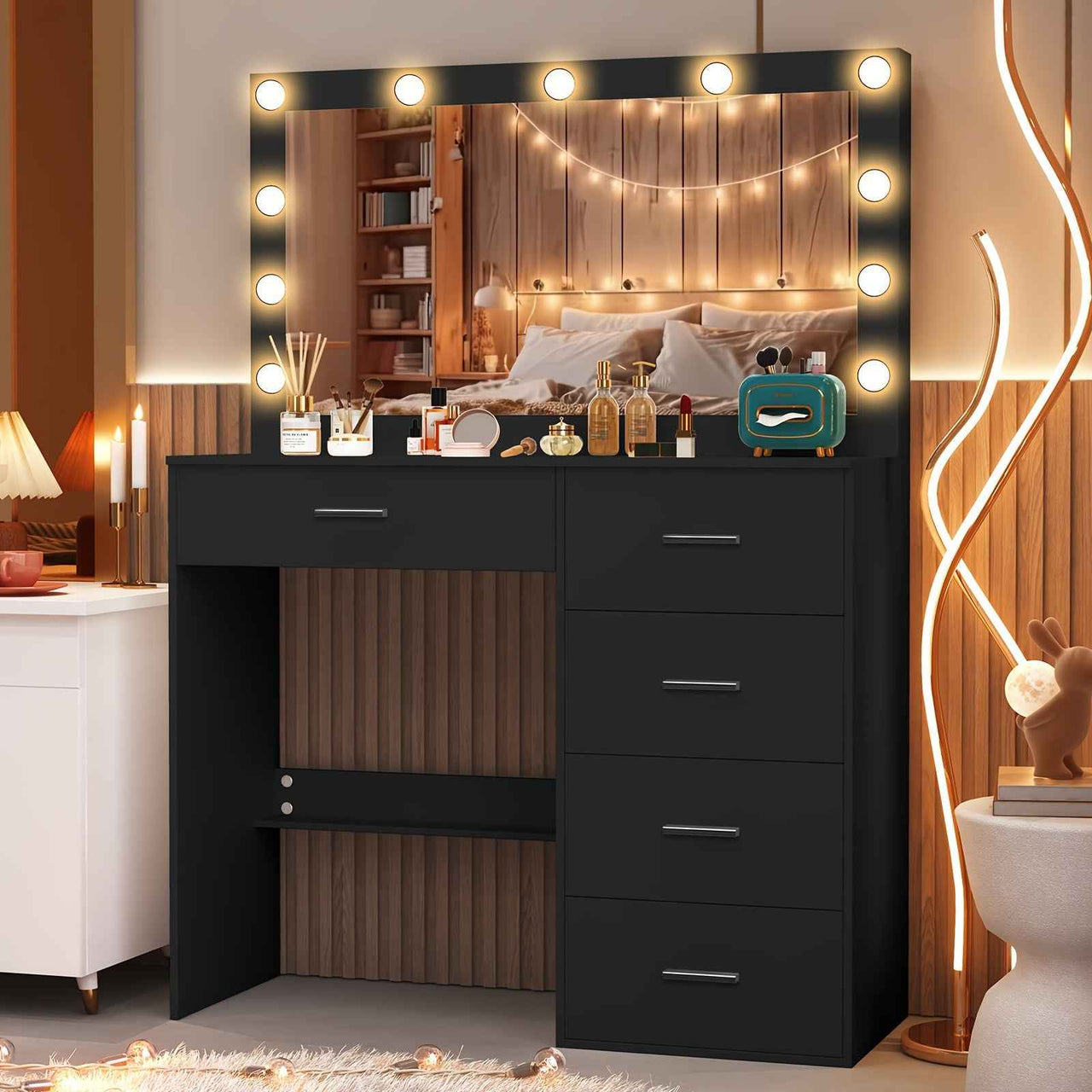 Black Dresser with Large 11-LED LED Bulbs, Adjustable Pattern & USB Powered - Scandinavian Style Wood & Hardwood Vanity Organizer, 3.2 Cu Ft Storage, 68.58cm Height, Easy Assembly, Dresser Vanity Desk, Modern Aesthetic, Wood Grain Texture