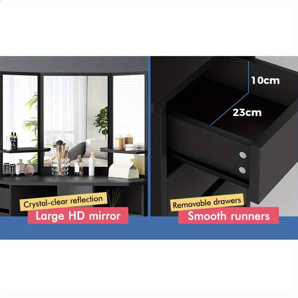 Modern Vanity Desk Set with Tri-Fold Mirror, Adjustable Height Stool - Hardwood Construction, Spacious Storage