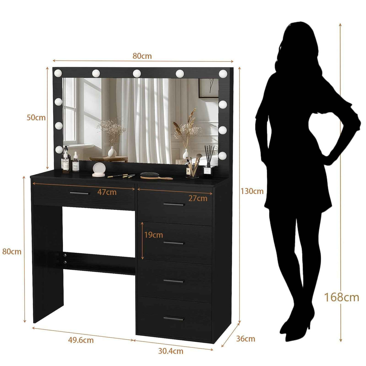 Black Dresser with Large 11-LED LED Bulbs, Adjustable Pattern & USB Powered - Scandinavian Style Wood & Hardwood Vanity Organizer, 3.2 Cu Ft Storage, 68.58cm Height, Easy Assembly, Dresser Vanity Desk, Modern Aesthetic, Wood Grain Texture