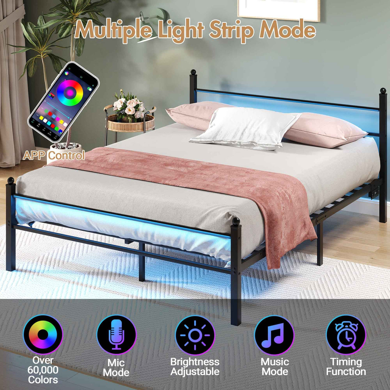 Ufurniture Queen bed / double bed Metal Platform Bed Frame with LED Headboard & Charging Station
