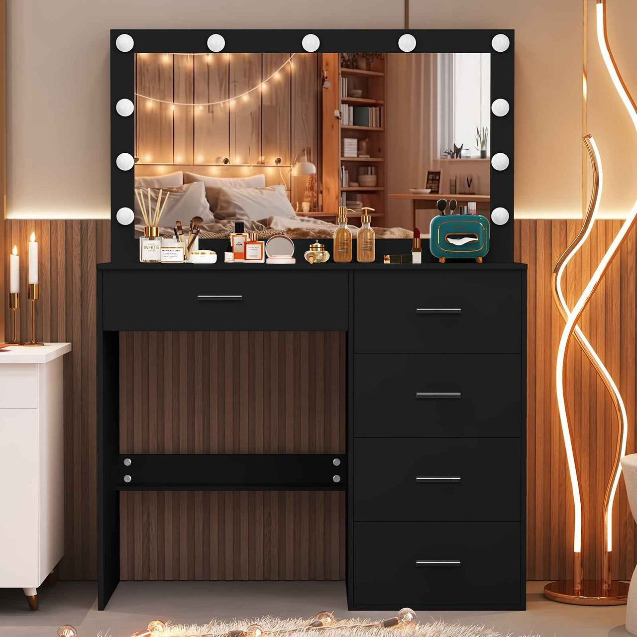 Black Dresser with Large 11-LED LED Bulbs, Adjustable Pattern & USB Powered - Scandinavian Style Wood & Hardwood Vanity Organizer, 3.2 Cu Ft Storage, 68.58cm Height, Easy Assembly, Dresser Vanity Desk, Modern Aesthetic, Wood Grain Texture
