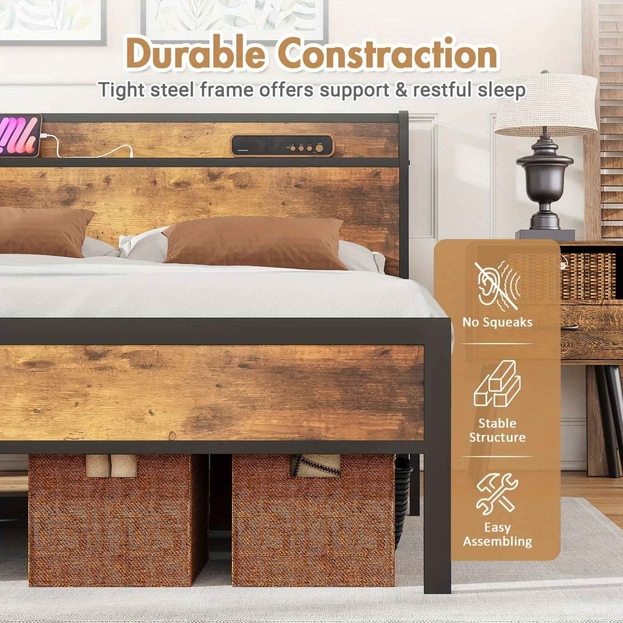Advwin Double Bed / Queen Bed Frame with Industrial Storage Headboard, USB Charging Station, and Hardwood Accents