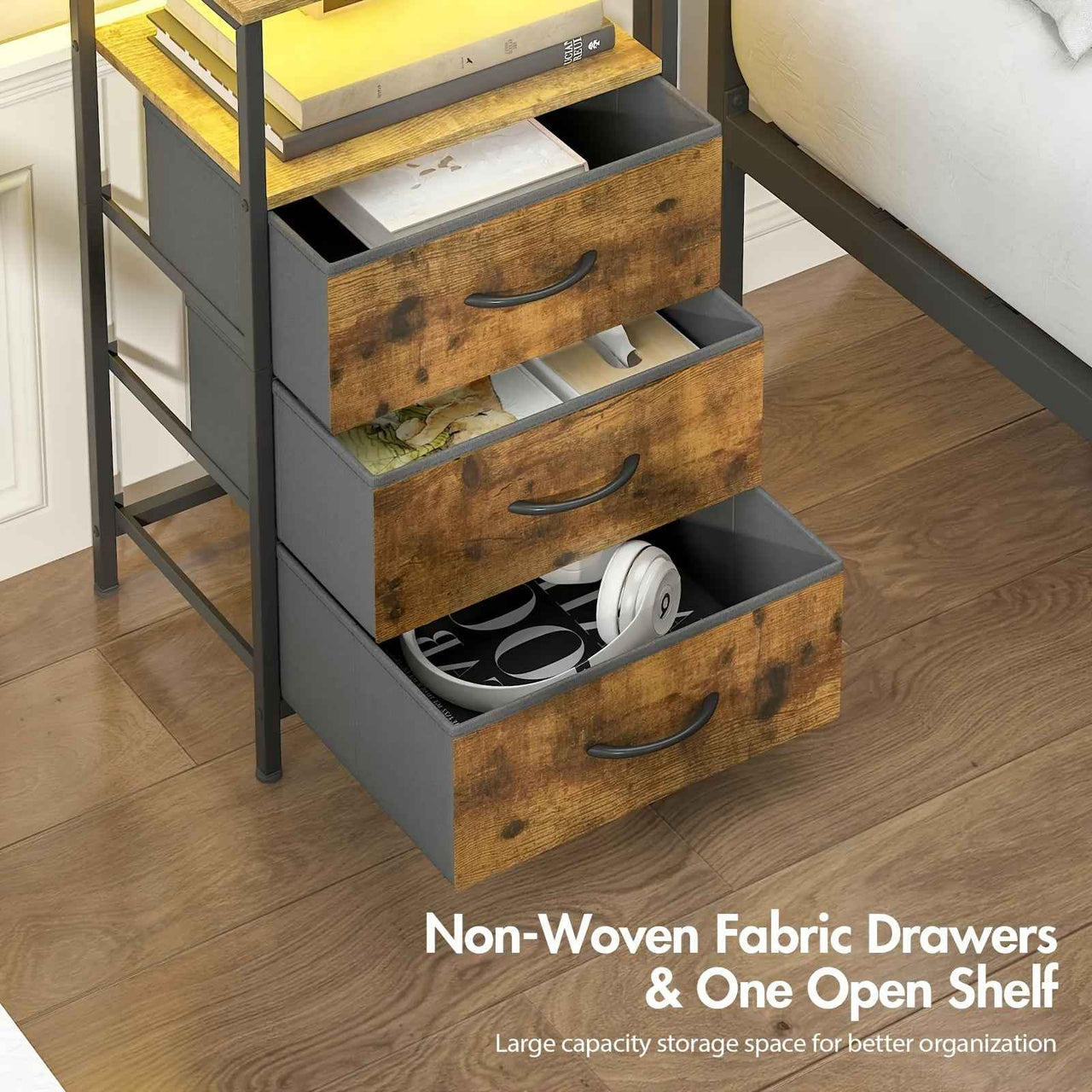 Advwin Bedside Table 2/3 Fabric Drawers Wooden, LED Nightstand with Charging Station And USB Port