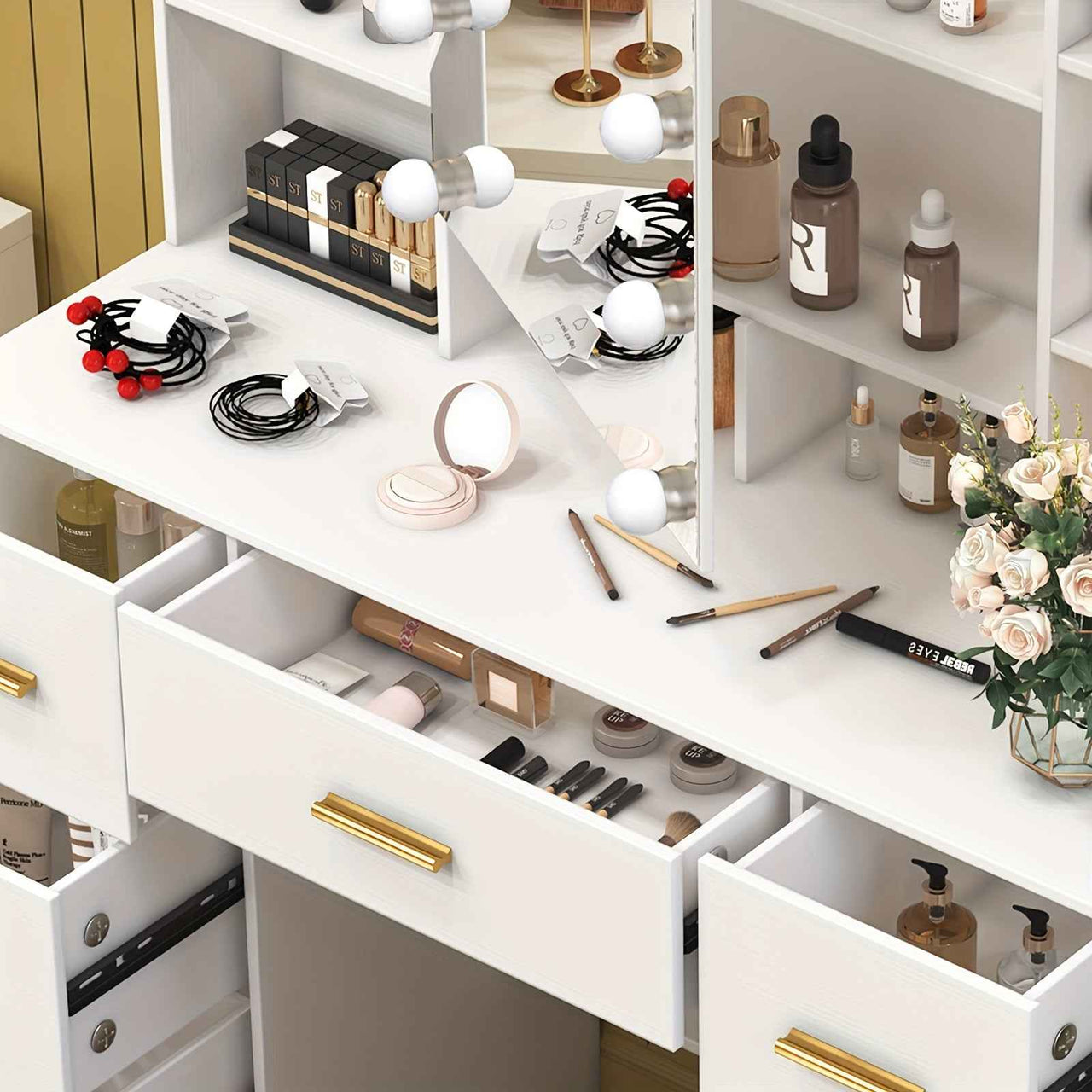 Modern White Solid Wood Dresser with Drawers, Illuminated Vanity Mirror And 3 Adjustable Lighting Modes