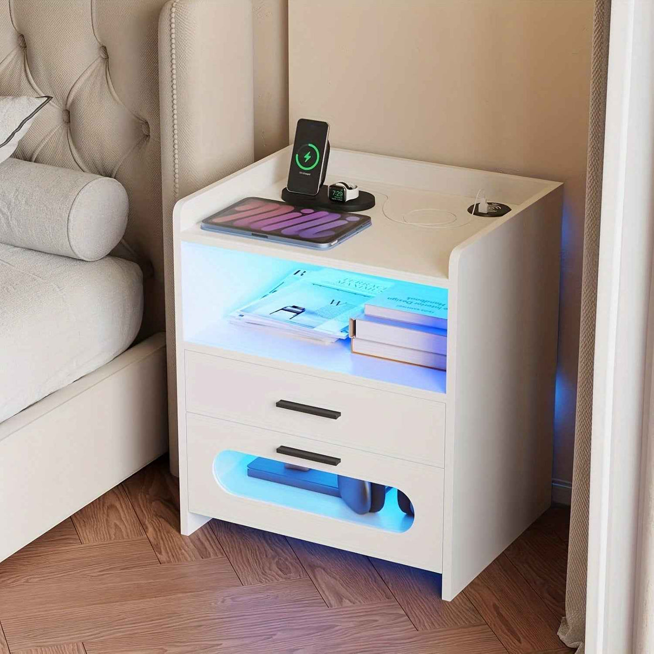 Modern White Bedside Table with 2 Drawers, RGB LED Lighting, Charging & USB Port