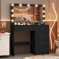 Thumbnail for Black Dresser with Large 11-LED LED Bulbs, Adjustable Pattern & USB Powered - Scandinavian Style Wood & Hardwood Vanity Organizer, 3.2 Cu Ft Storage, 68.58cm Height, Easy Assembly, Dresser Vanity Desk, Modern Aesthetic, Wood Grain Texture