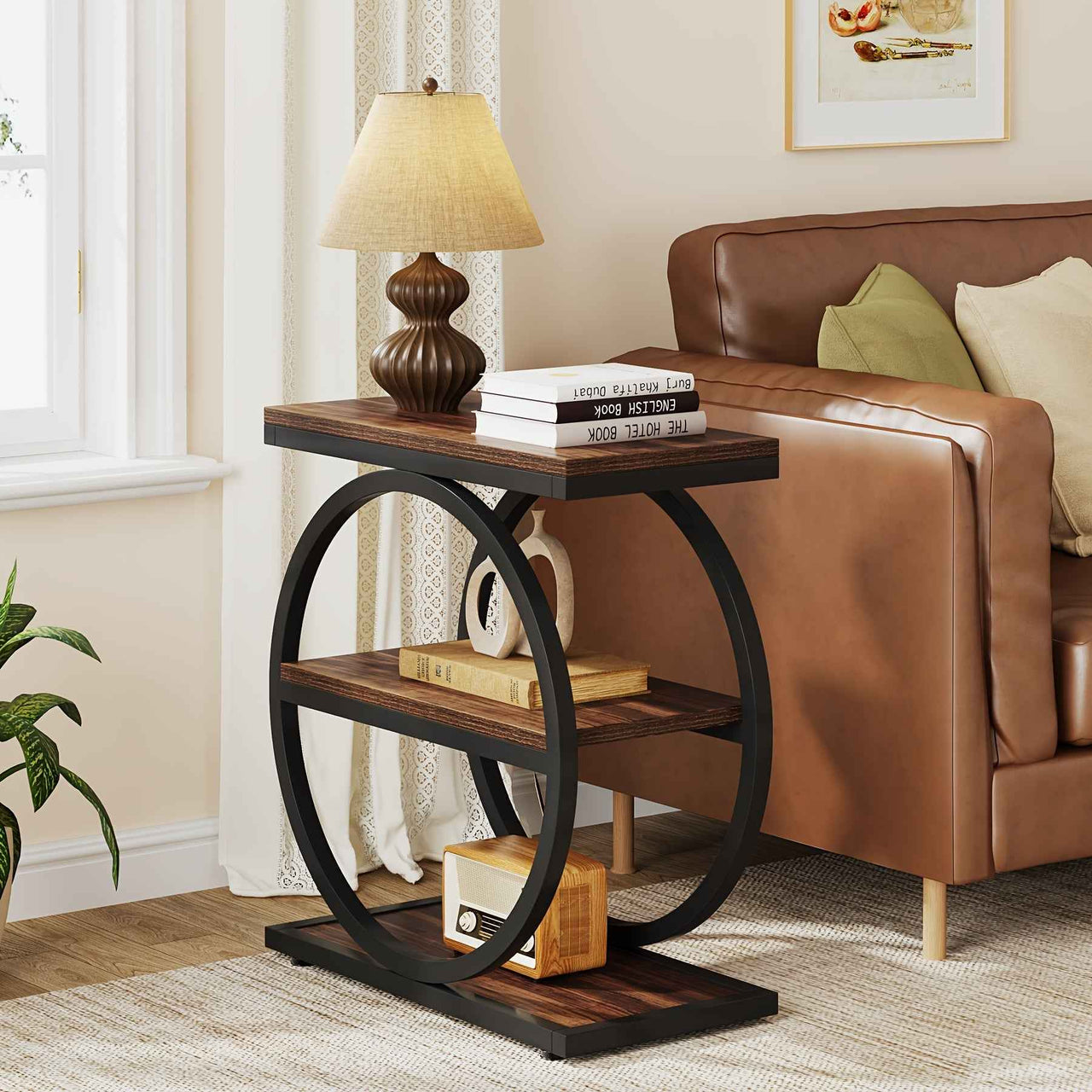 Industrial Narrow End Table with 3 Storage Shelves Bedside Table - Hall Table