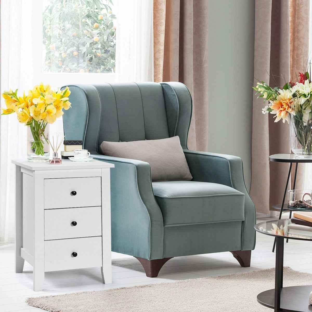 LIFEZEAL 2x Bedside Tables Wood Side Table Nightstand Storage Cabinet w/3 Drawers White