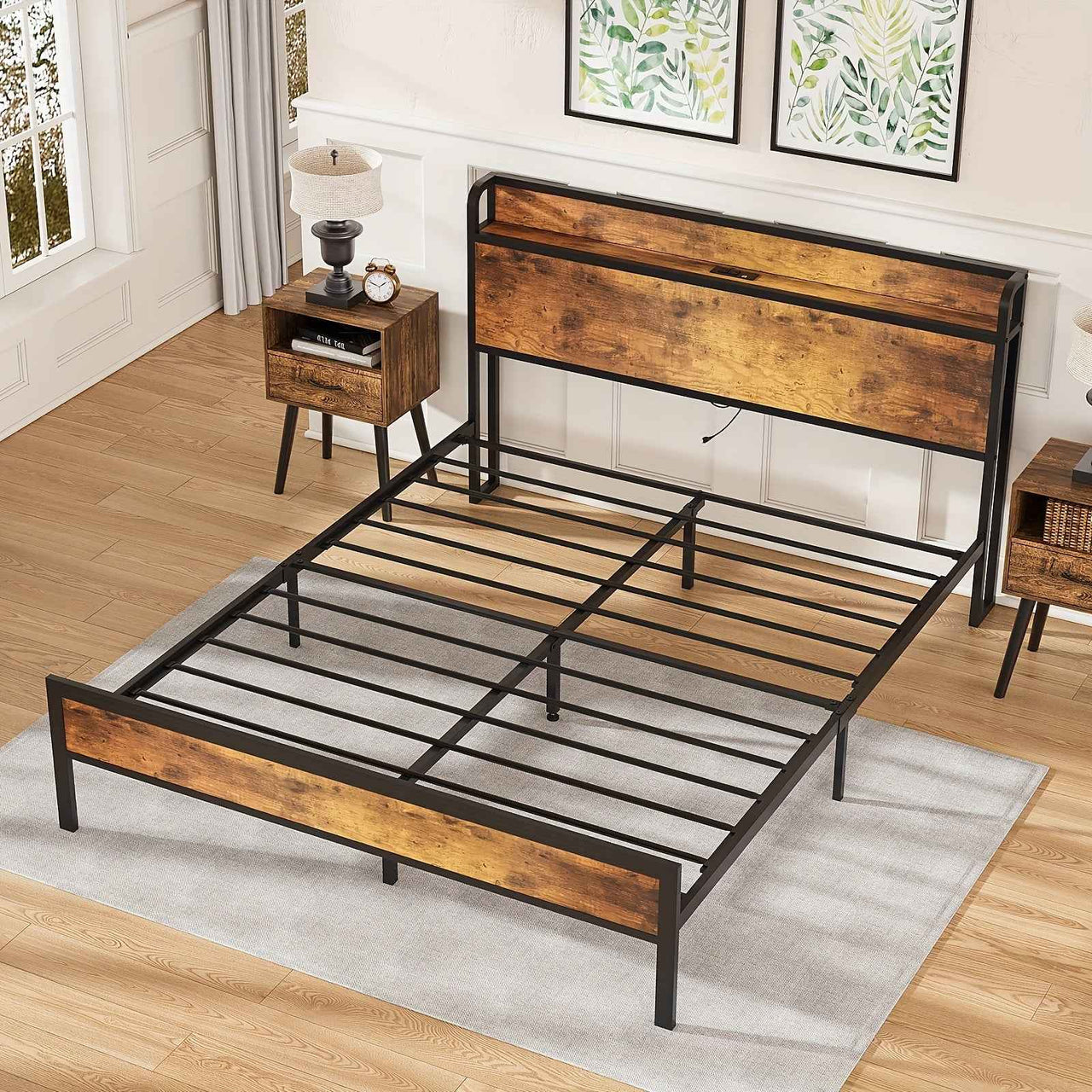 Advwin Double Bed / Queen Bed Frame with Industrial Storage Headboard, USB Charging Station, and Hardwood Accents