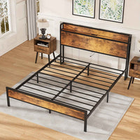Thumbnail for Advwin Double Bed / Queen Bed Frame with Industrial Storage Headboard, USB Charging Station, and Hardwood Accents