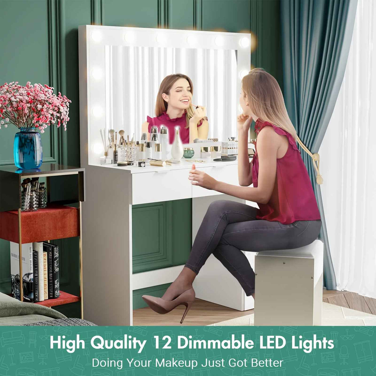 Dressing Table Stool Set With Large Make Up Mirror 12 LED Bulbs Vanity Desk With 4 Storage Drawers And 1 Cabinet For Women Girls Wooden Home Bedroom Furniture White