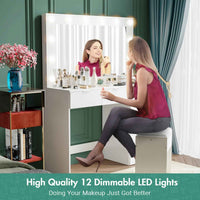 Thumbnail for Dressing Table Stool Set With Large Make Up Mirror 12 LED Bulbs Vanity Desk With 4 Storage Drawers And 1 Cabinet For Women Girls Wooden Home Bedroom Furniture White