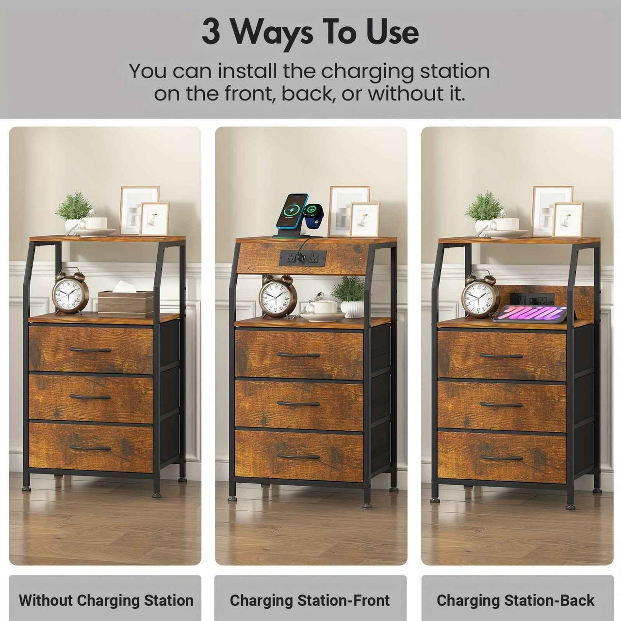 Advwin Bedside Table with Charging Station - Compact Nightstand with 3 Drawers & Shelf