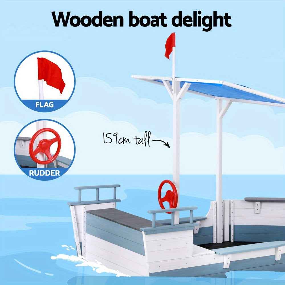Keezi Kids Sandpit Wooden Box Boat Canopy Flag Outdoor Toys Children Blue