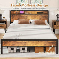 Thumbnail for Advwin Double Bed / Queen Bed Frame with Industrial Storage Headboard, USB Charging Station, and Hardwood Accents