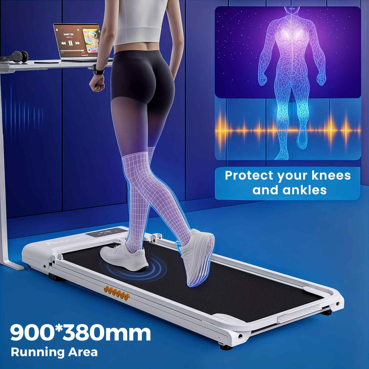 Advwin Electric Treadmill, Compact Portable Home Small Foldable Walking Machine, Adjustable Incline, 120kg Capacity, Speed 1-6 km/h, Low Noise, White, Without Battery