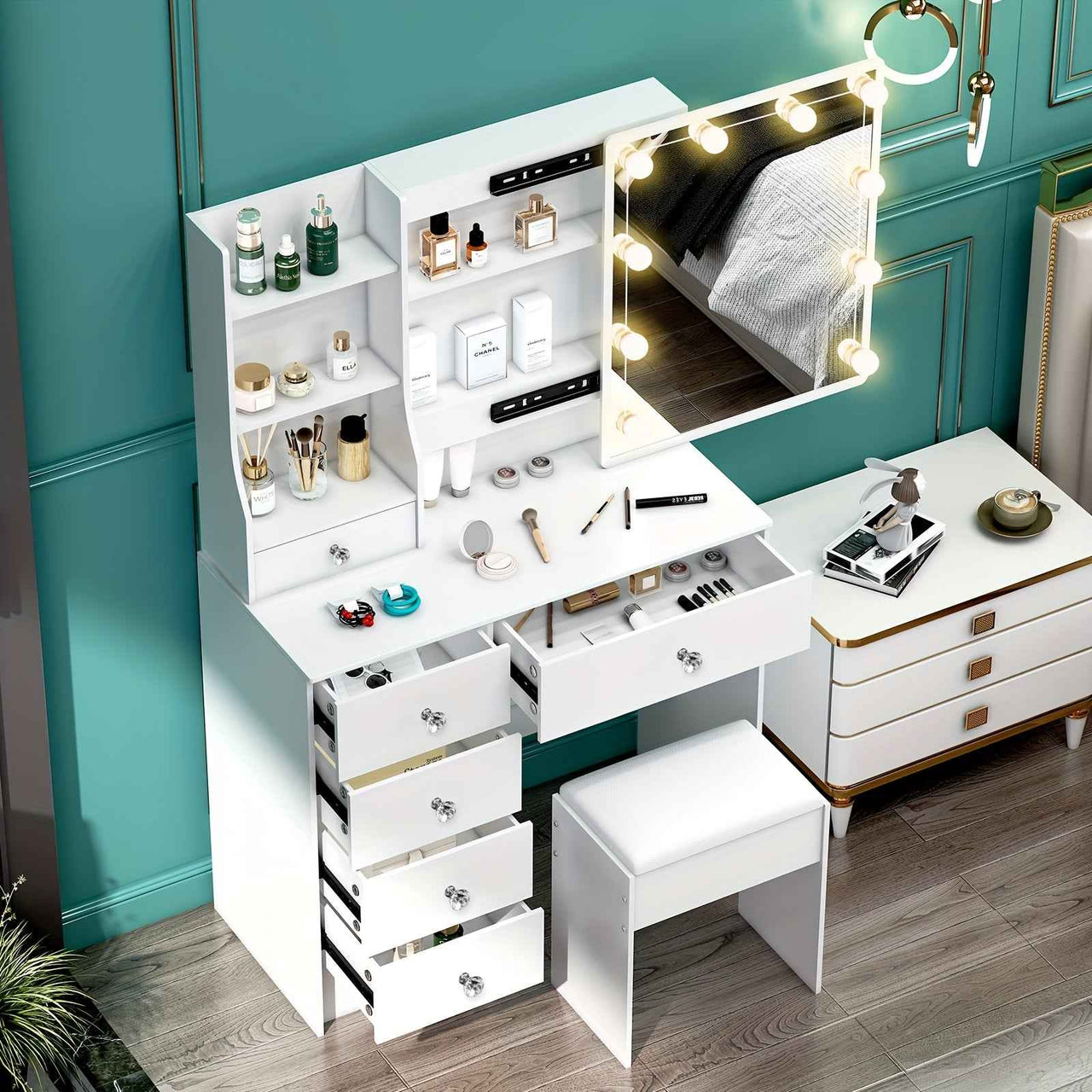 Modern White Solid Wood Dressing Table with Drawers, Lighting Mirror and 3 Lighting Modes