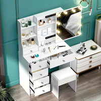 Thumbnail for Modern White Solid Wood Dressing Table with Drawers, Lighting Mirror and 3 Lighting Modes