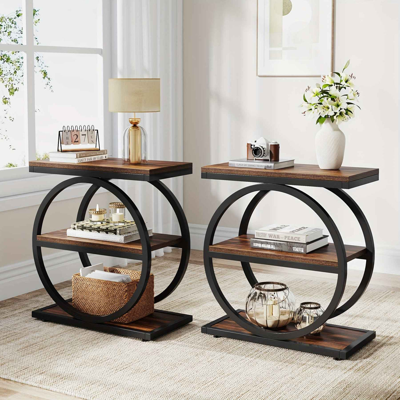 Industrial Narrow End Table with 3 Storage Shelves Bedside Table - Hall Table