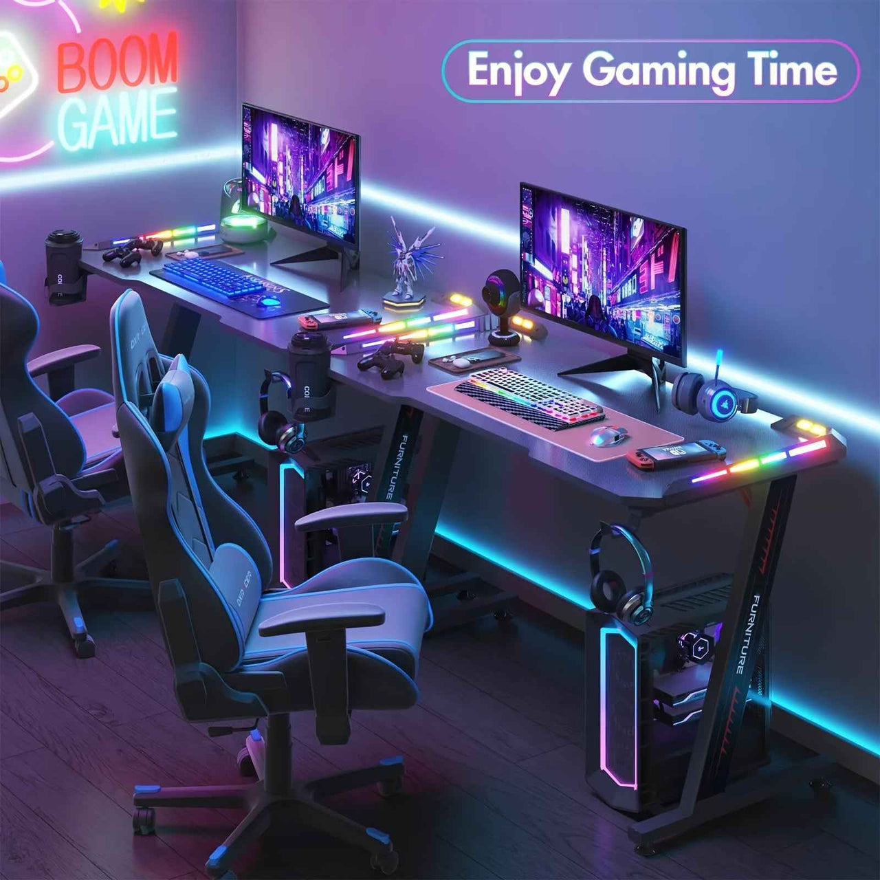 Gaming Office Desk RGB LED Gamer Workstation Carbon Fiber Racer Table with Cup Holder and Headphone Hook 120cm