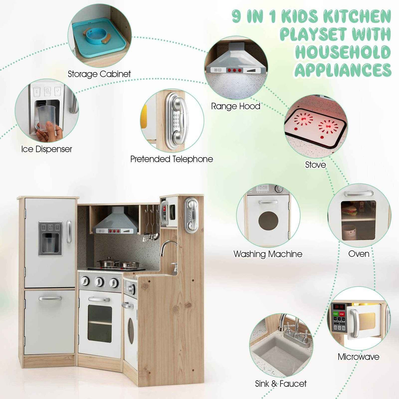 Wooden Corner kids Kitchen Playset | Pretend Cooking Toy with Cookware Accessories, For 3+