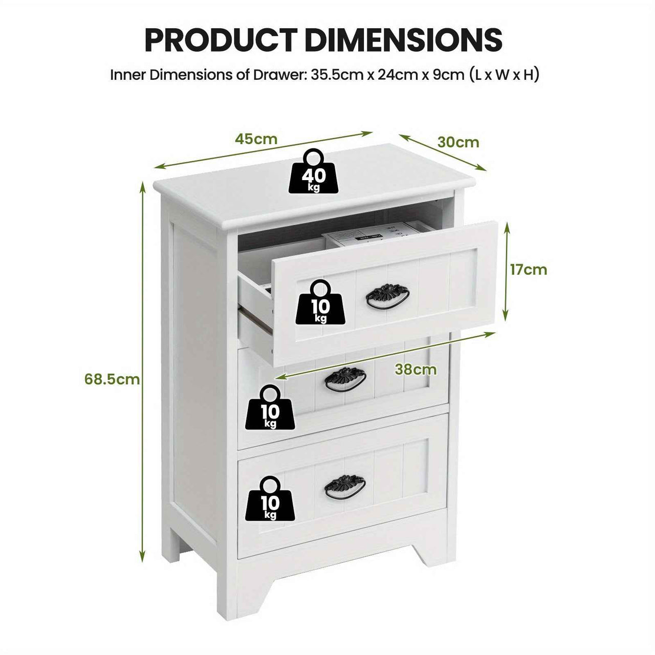 Side Table 3-Drawer Bedside Table Vintage Nightstand Bedroom Living Room Home White