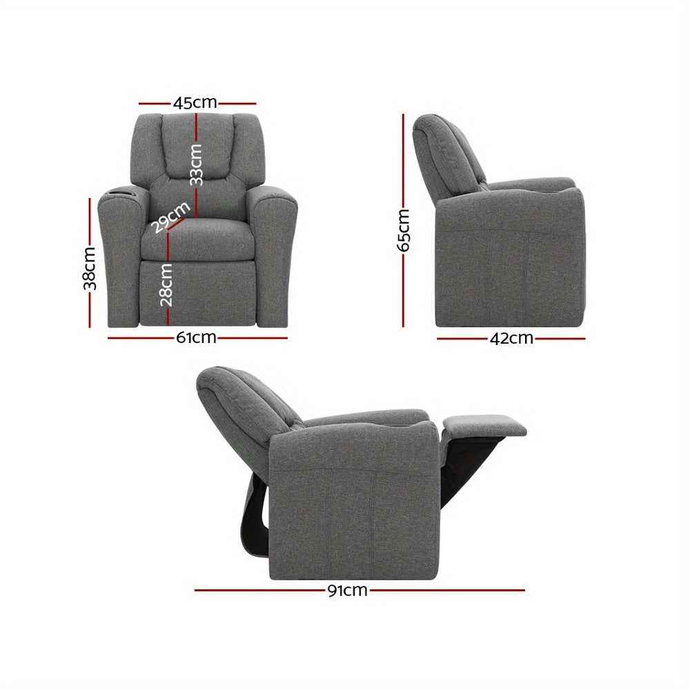 Keezi Kids Youngsters Recliner Chair - Soft Linen Fabric, Adjustable Grey Sofa Lounge for Youngsters with Armrests & Built-In Cup holder