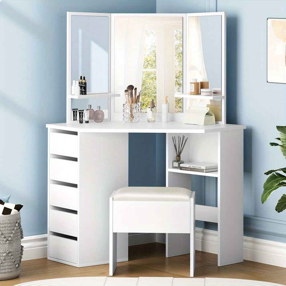 Modern Vanity Desk Set with Tri-Fold Mirror, Adjustable Height Stool - Hardwood Construction, Spacious Storage