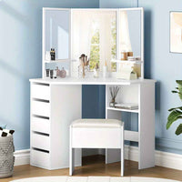 Thumbnail for Modern Vanity Desk Set with Tri-Fold Mirror, Adjustable Height Stool - Hardwood Construction, Spacious Storage