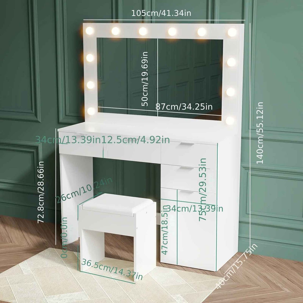Dressing Table Stool Set With Large Make Up Mirror 12 LED Bulbs Vanity Desk With 4 Storage Drawers And 1 Cabinet For Women Girls Wooden Home Bedroom Furniture White