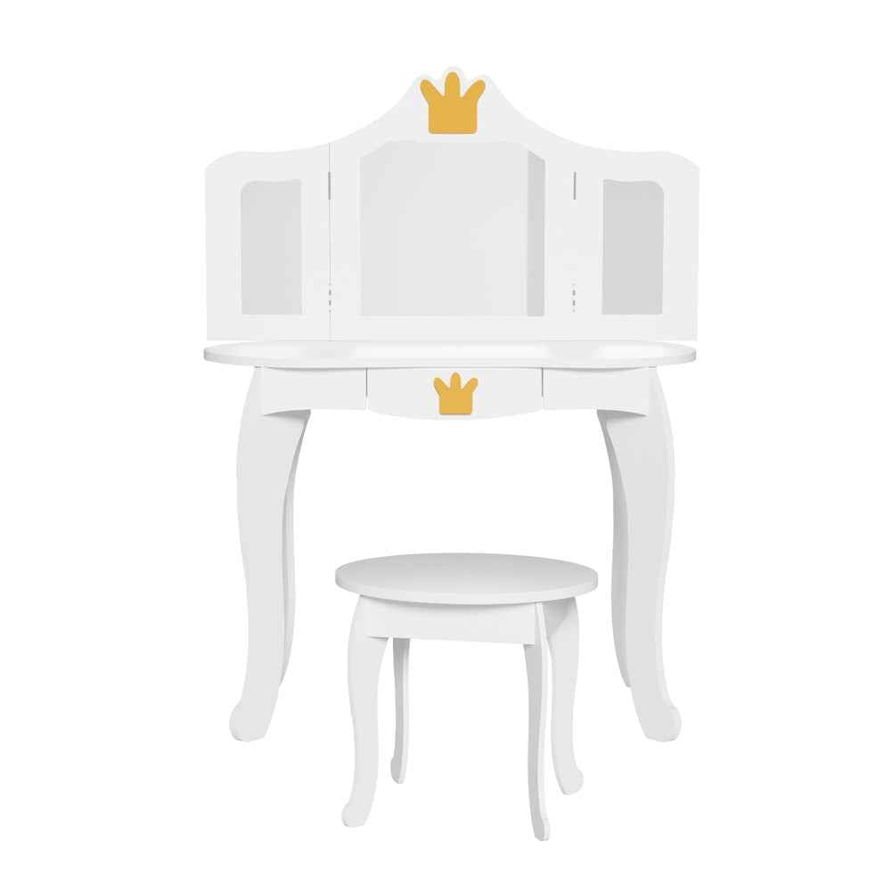 Keezi Kids Dressing Table Vanity Makeup Chair Set Wooden 3 Mirror Drawer White