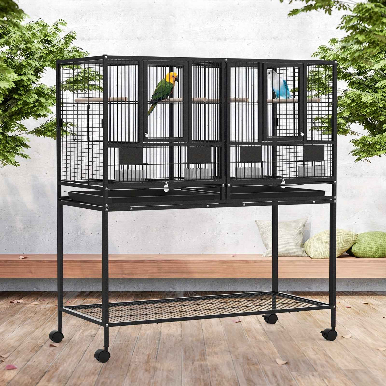 2in1 Large Bird Cage 106.5x95x45cm 4 Perches Aviary Parrot Budgie Stand Alone Wheels W/Brake