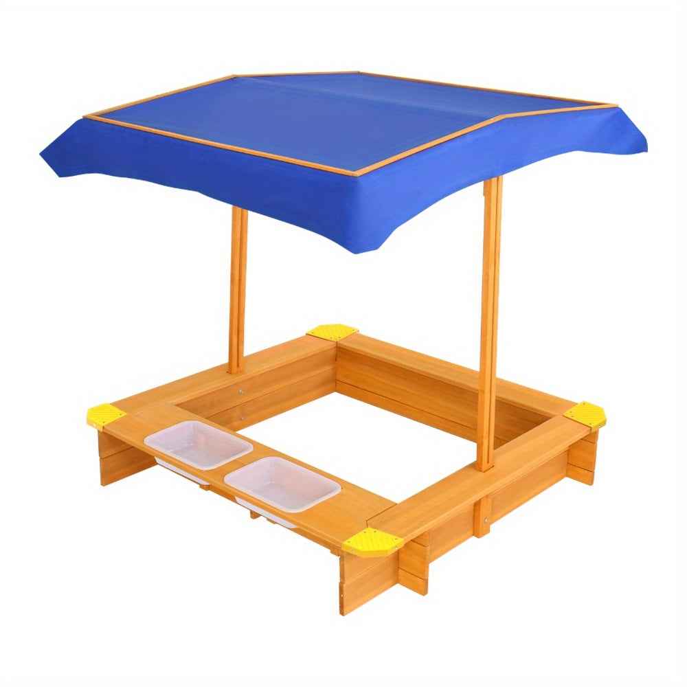 Keezi Youngsters Sandpit Wooden Sandbox with Adjustable Canopy, Water Basin & Toys, 103cm, High Quality
