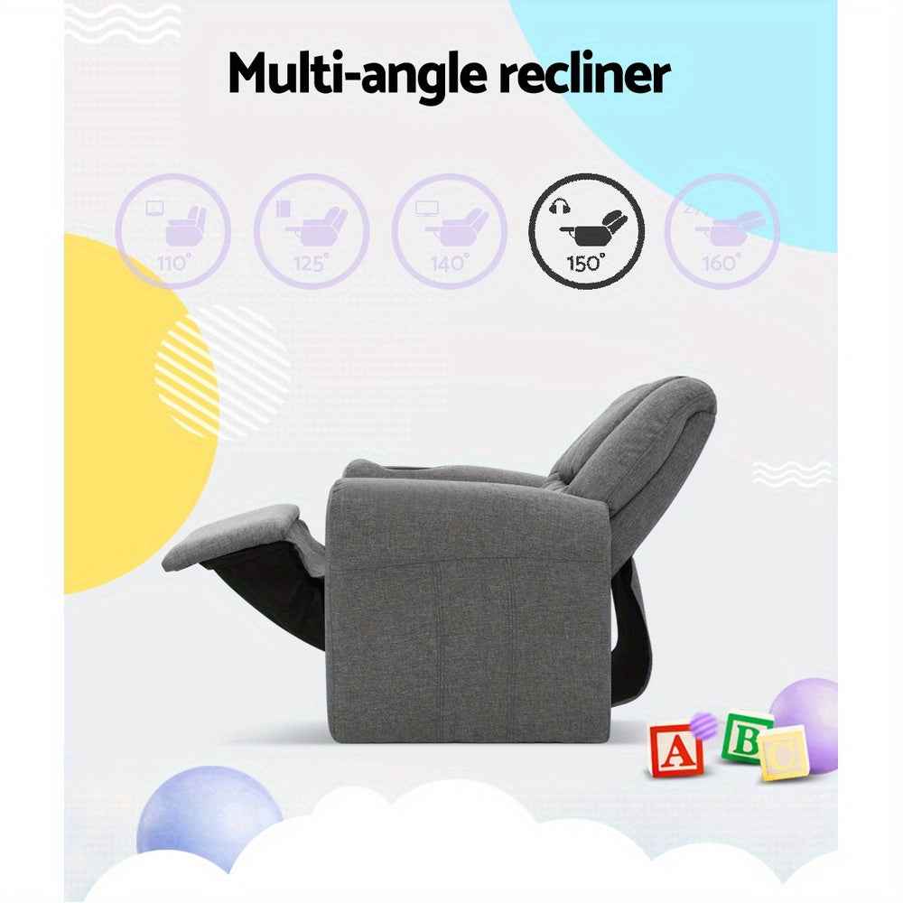 Keezi Kids Youngsters Recliner Chair - Soft Linen Fabric, Adjustable Grey Sofa Lounge for Youngsters with Armrests & Built-In Cup holder