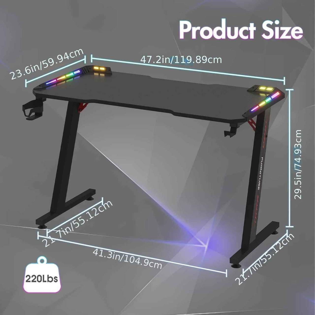 Gaming Office Desk RGB LED Gamer Workstation Carbon Fiber Racer Table with Cup Holder and Headphone Hook 120cm