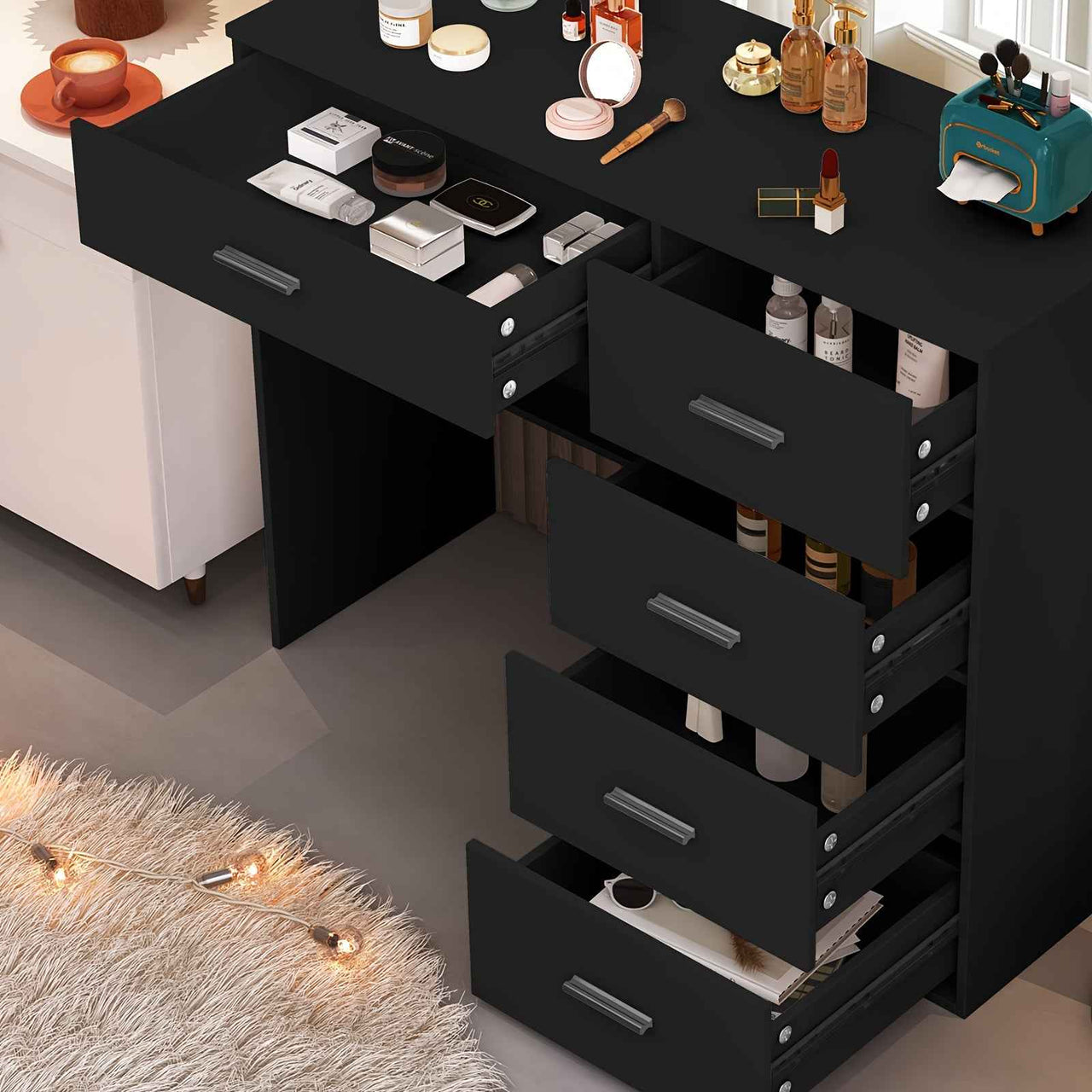 Black Dresser with Large 11-LED LED Bulbs, Adjustable Pattern & USB Powered - Scandinavian Style Wood & Hardwood Vanity Organizer, 3.2 Cu Ft Storage, 68.58cm Height, Easy Assembly, Dresser Vanity Desk, Modern Aesthetic, Wood Grain Texture