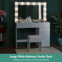 Thumbnail for Dressing Table Stool Set With Large Make Up Mirror 12 LED Bulbs Vanity Desk With 4 Storage Drawers And 1 Cabinet For Women Girls Wooden Home Bedroom Furniture White
