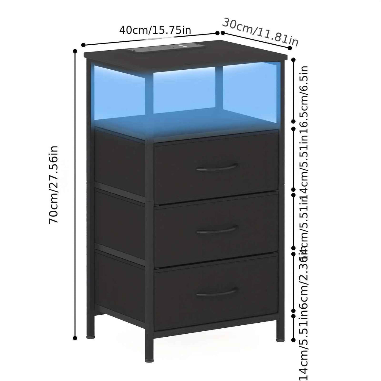 Bedside Table 3 Fabric Drawers &Wooden Tabletop, LED Nightstand With Charging Station And USB Por