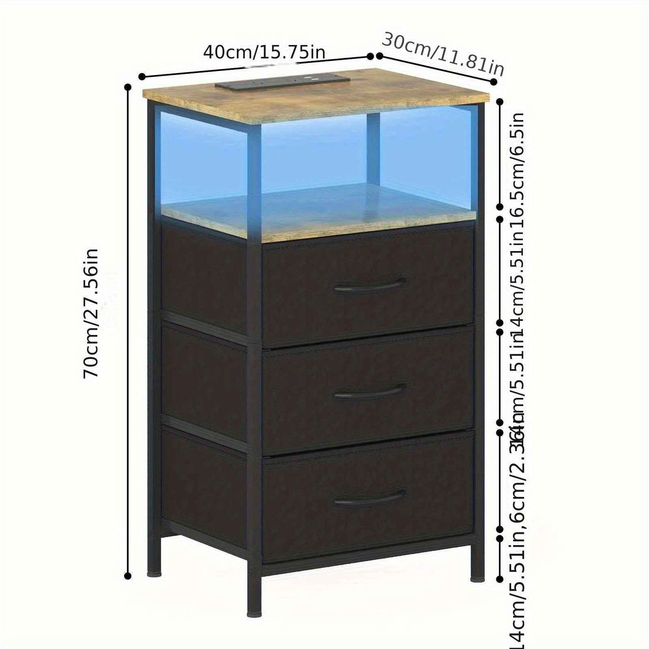 Bedside Table 3 Fabric Drawers &Wooden Tabletop, LED Nightstand With Charging Station And USB Por