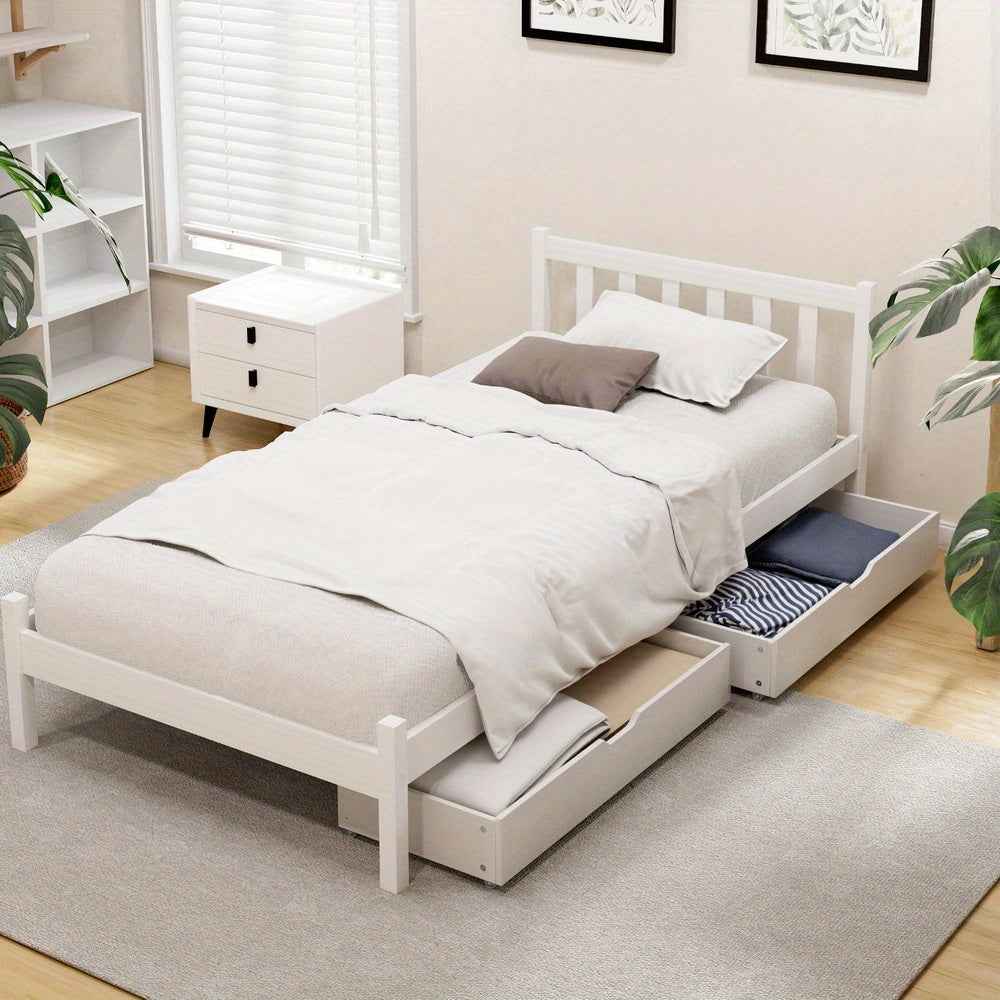 Artiss Single Bed Frame Size Wooden Platform with 2 Storage Drawers White SOFIE