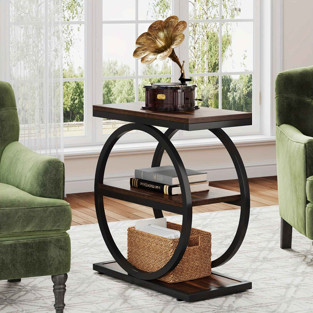 Industrial Narrow End Table with 3 Storage Shelves Bedside Table - Hall Table