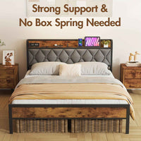Thumbnail for Advwin Double bed / Queen bed Size Bed Frame, Storage Tufted Headboard & Charging Station and USB Ports, Industrial Upholstered Platform Bed