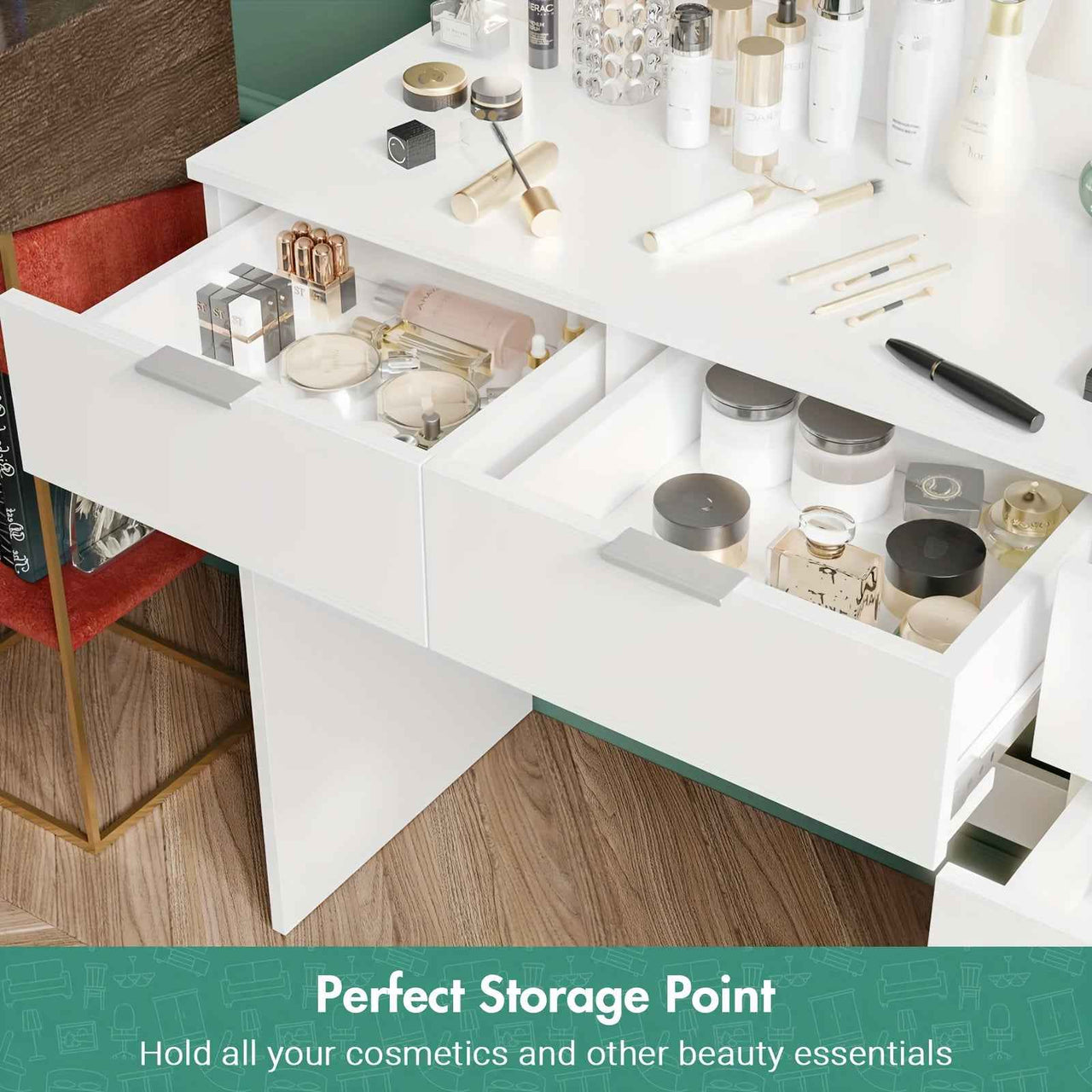 Dressing Table Stool Set With Large Make Up Mirror 12 LED Bulbs Vanity Desk With 4 Storage Drawers And 1 Cabinet For Women Girls Wooden Home Bedroom Furniture White